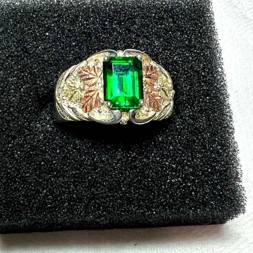 Black Hills Gold 12k Sterling Silver Emerald Cut Helenite Ring Size 8